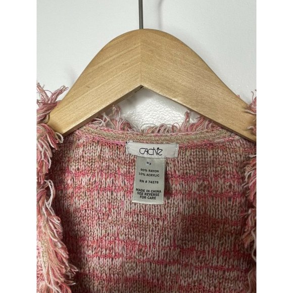 Cache Womens Pink Knit Open Front Fringe Cardigan Sweater Sz S Pockets - Picture 4 of 6